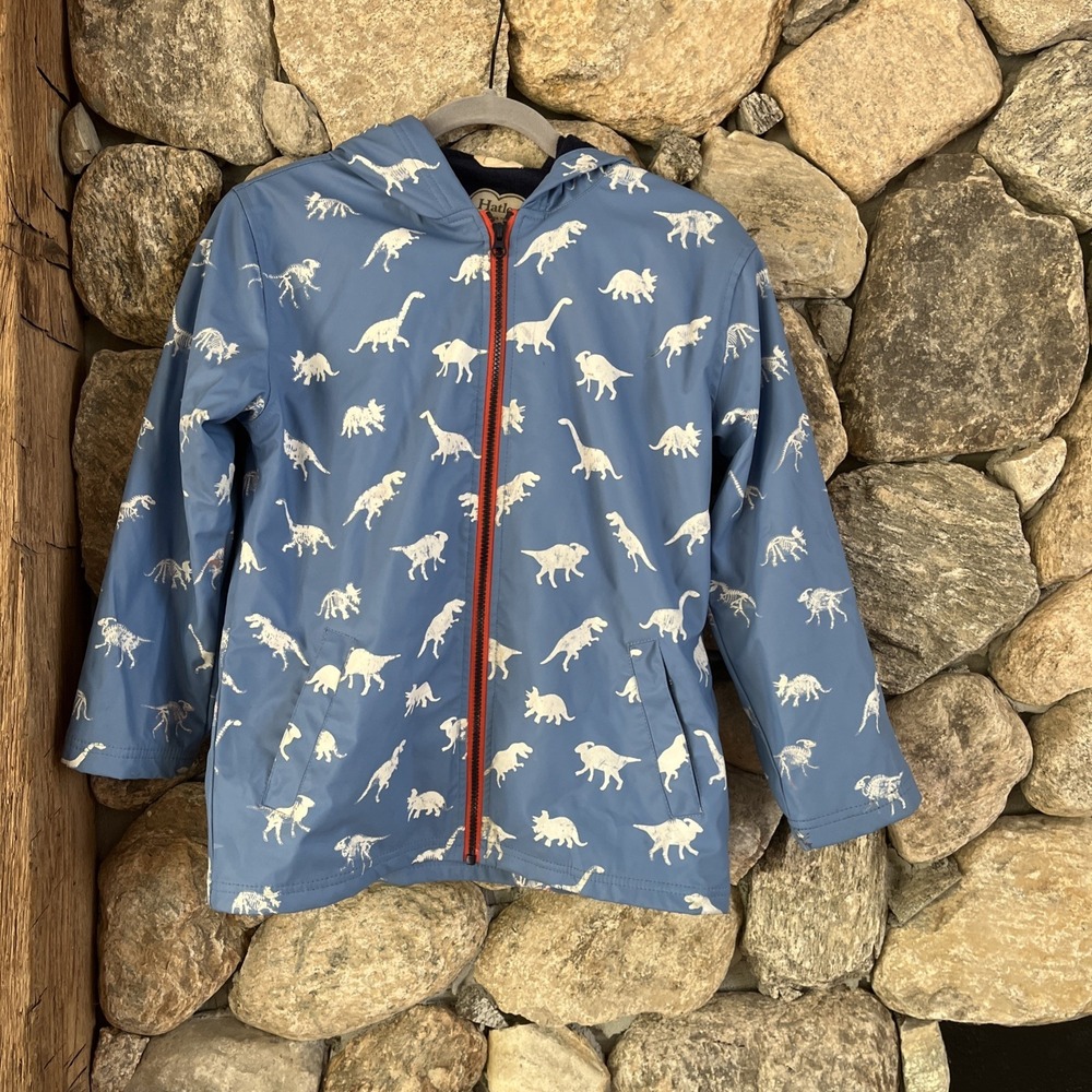 Hatley Kids‎ Dinosaur Print Rain Jacket Hooded Size 10 Blue Soft Lining